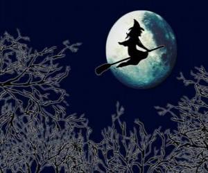 yapboz Cadı onu sihirli süpürge de Halloween gecesi uçan